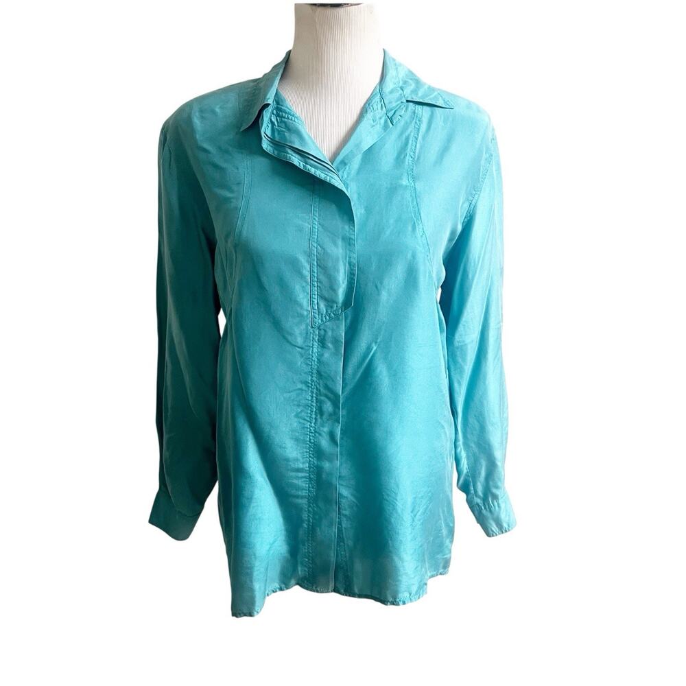 Partners Women’s Vintage 100% Silk Shirt Teal Long Sleeve Shoulder Pads Small